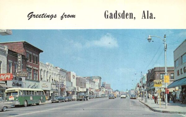 Gadsden Alabama Broad Street Bus with Pepsi Sign Vintage Postcard AA95328