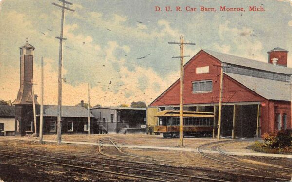 Monroe Michigan DUR Trolley Car Barn Vintage Postcard AA95356