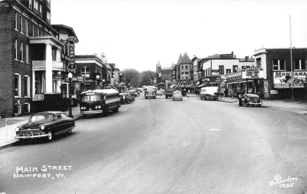 Newport Vermont Main Street Burns Theatre Bus and Cars Real Photo PC AA95363