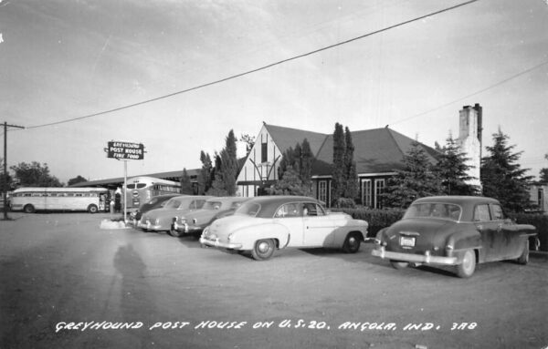 Angola Indiana Greyhound Post House Bus and Cars Real Photo Postcard AA95372