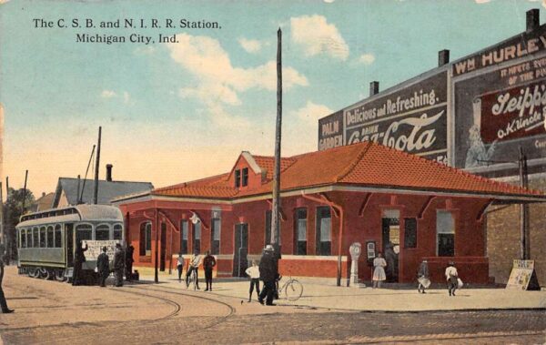 Michigan City Indiana The CSB NIRR Station Coke Sign Vintage Postcard AA95375