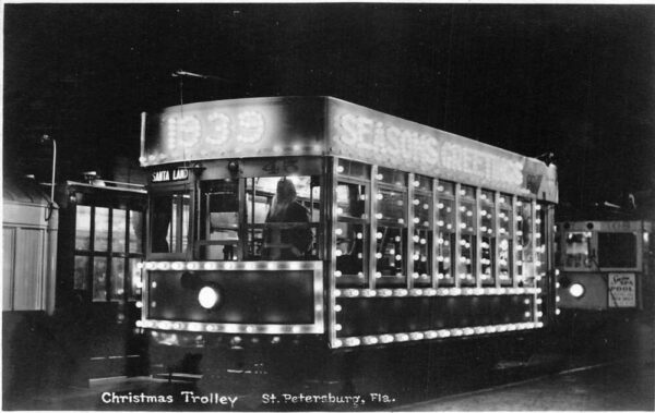 St Petersburg Florida Christmas Trolley at Night Real Photo Postcard AA95384