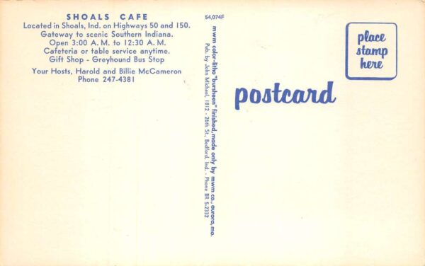 Shoals Indiana Shoals Cafe Greyhound Bus Stop Vintage Postcard AA95396 - Image 2