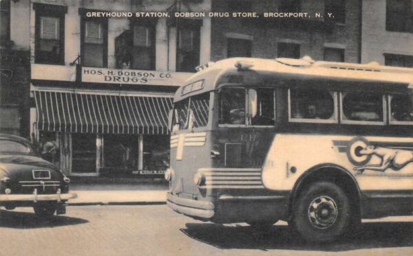 Brockport New York Dobson Drug Store Greyhound Bus Vintage Postcard AA95401