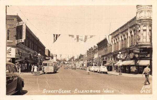 Ellensburg Washington Street Scene Drug Store and Bus Real Photo PC AA95405