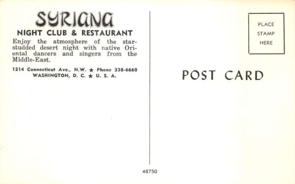 Washington DC Syriana Night Club and Restaurant Dancers Vintage Postcard AA96706 - Image 2