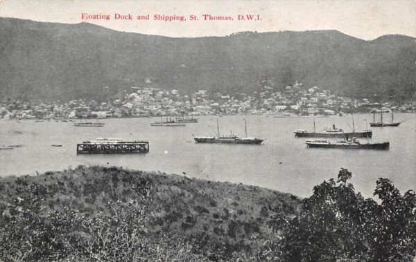 St Thomas DWI Virgin Islands Floating Dock Harbor View Ships Postcard AA96731