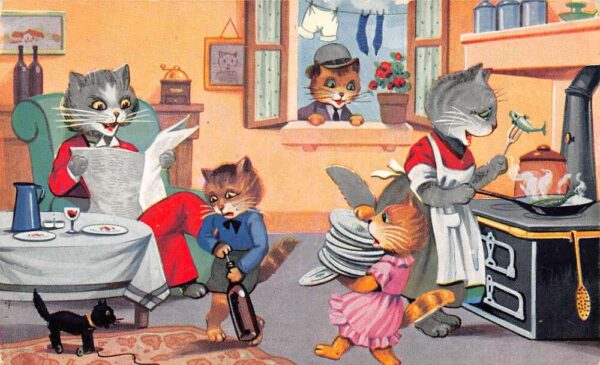 Dressed Cats Kitchen Dining Scene Humor Vintage Postcard AA96739