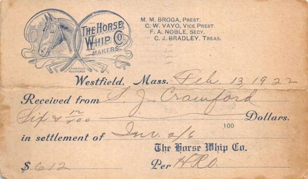 Westfield Massachusetts Horse Whip Makers Co Receipt 1922 Vintage PC AA96792