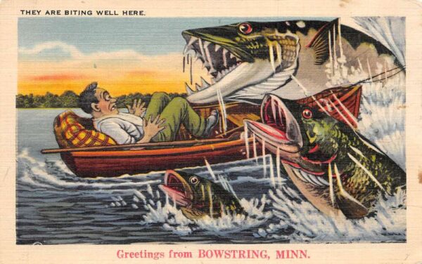 Bowstring Minnesota Fishing Exaggeration Greetings Vintage Postcard AA96890