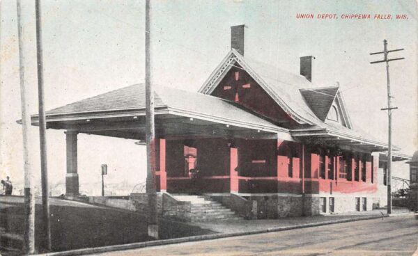 Chippewa Falls Wisconsin Union Depot Train Station Vintage Postcard AA96909