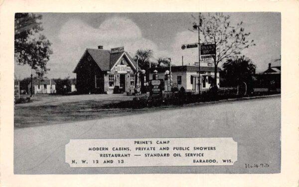 Baraboo Wisconsin Prine's Camp Madern Cabins Gas Station Postcard AA96928