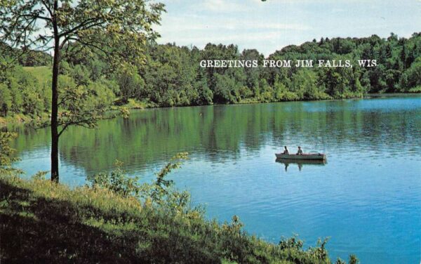 Jim Falls Wisconsin Greetings Small Boat Scenic View Postcard AA96992