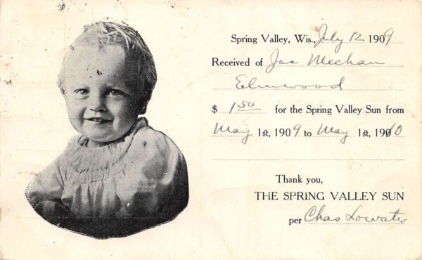 Spring Valley Wisconsin Newspaper Receipt Ad Baby Portrait Postcard AA96998