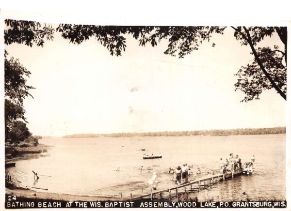 Grantsburg Wisconsin Wood Lake Baptist Assembly Beach Real Photo PC AA97037