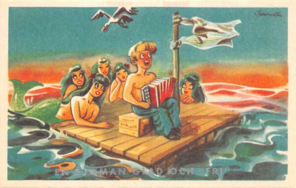 Shipwrecked Sailor Playing Accordion on Raft Mermaids Comic Postcard AA97038