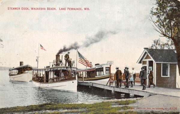 Lake Pewaukee Wisconsin Waukesha Beach Steamer Dock Vintage Postcard AA97125