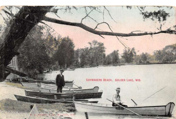 Golden Lake Wisconsin Schwagers Beach Men in Row Boat Vintage Postcard AA97151