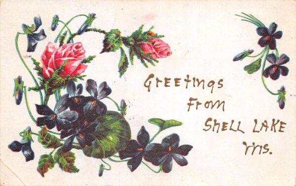 Shell Lake Wisconsin Greetings Flowers Vintage Postcard AA97191