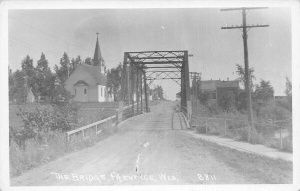 Prentice Wisconsin Bridge and Church Scenic View Real Photo Postcard AA97214