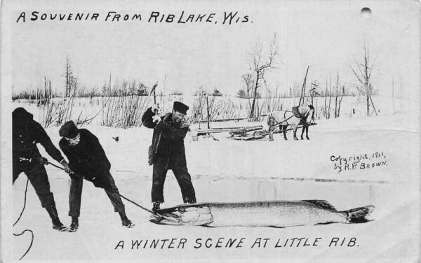 Rib Lake Wisconsin Ice Fishing Exaggeration Real Photo Vintage Postcard AA97226