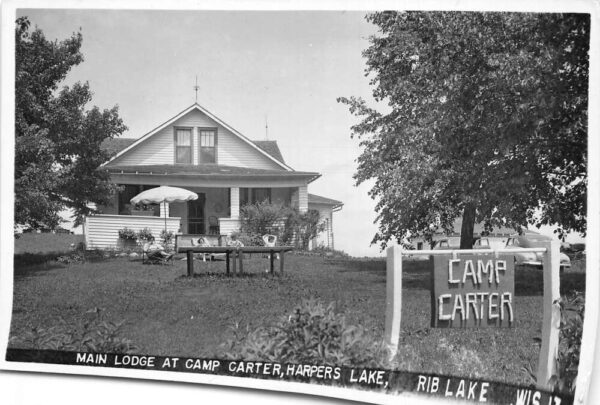 Rib Lake Wisconsin Camp Carter Harpers Lake Main Lodge Real Photo PC AA97227