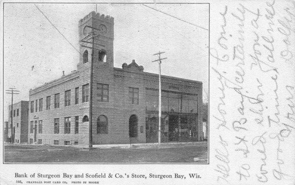 Sturgeon Bay Wisconsin Bank and Scofield Store Vintage Postcard AA97233