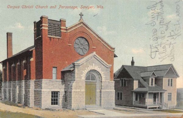 Sawyer Wisconsin Corpus Christi Church and Parsonage Vintage Postcard AA97247