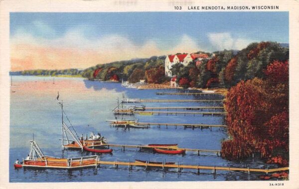 Madison Wisconsin Lake Mendota Piers Boats Scenic View Vintage Postcard AA97262