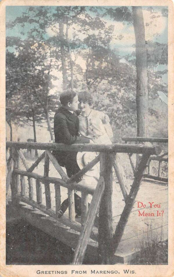 Marengo Wisconsin Romance Greetings Couple on Bridge Vintage Postcard AA97264