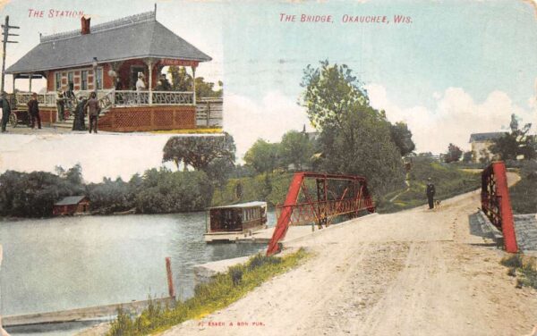 Okauchee Wisconsin Bridge and Train Station Vintage Postcard AA97274