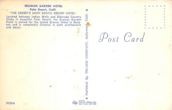 Palm Desert California Erawan Garden Hotel Vintage Postcard AA97332 - Image 2