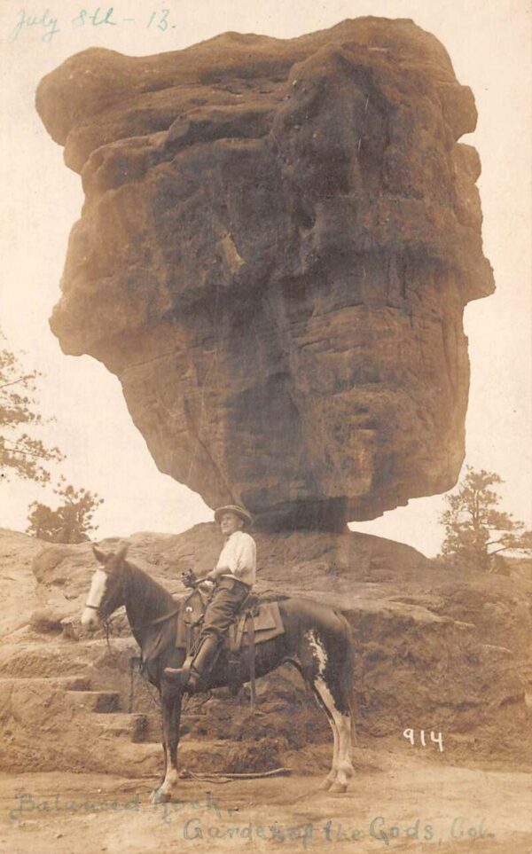 Garden of the Gods Colorado Man on Horse by Balanced Rock Real Photo PC AA97800