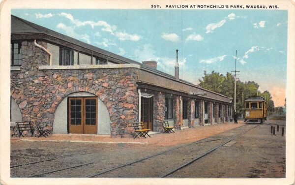 Wausau Wisconsin Pavilion at Rothchilds Park Trolley Car Postcard AA97837