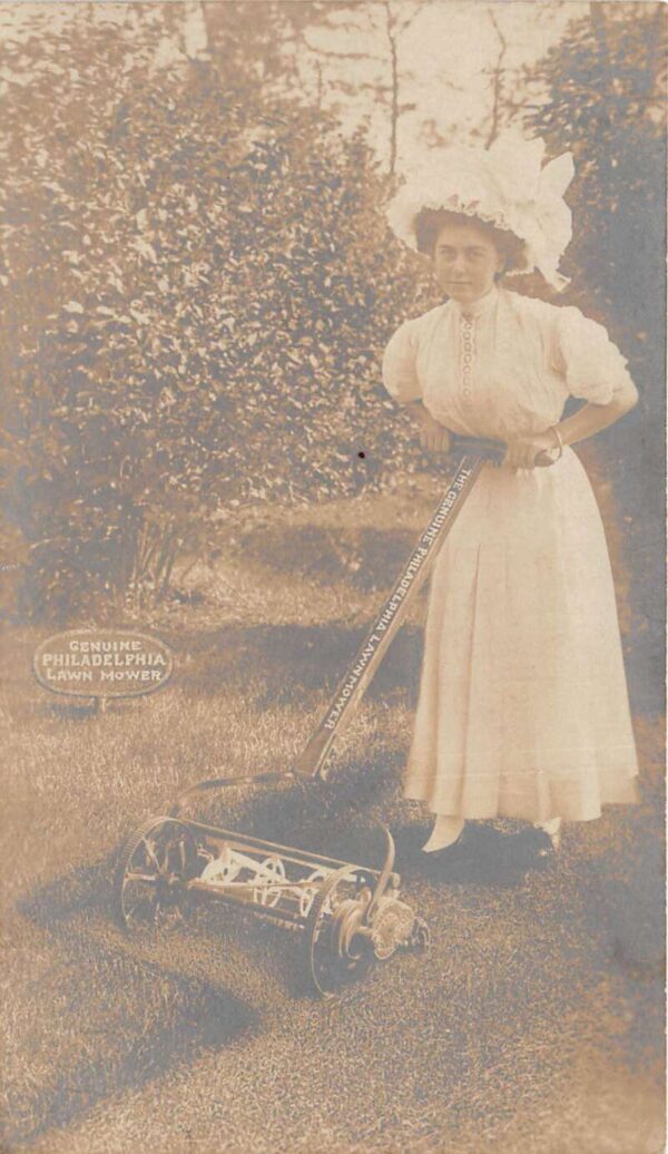 Philadelphia Pennsylvania Lady with Lawn Mower Ad Real Photo Postcard AA97849