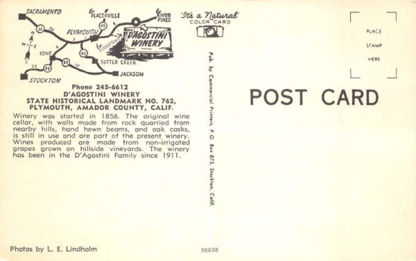 Plymouth California D'Agostini Winery Vintage Postcard AA97873 - Image 2