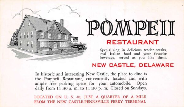 New Castle Delaware Pompeii Restaurant Vintage Postcard AA98031