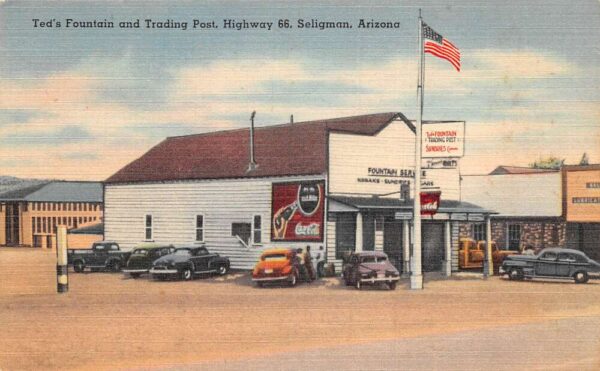 Seligman Arizona Ted's Fountain and Trading Post Coke Sign Postcard AA98083