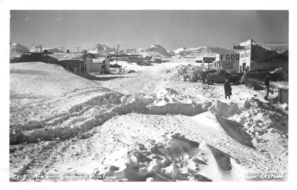 Browning Montana Winter Storm Street Scene Real Photo Postcard AA98098