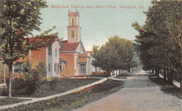 Waymart Pennsylvania Methodist Church and Street Scene Vintage Postcard AA98106