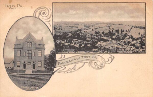 Troy Pennsylvania Court House and Birds Eye View Vintage Postcard AA98109