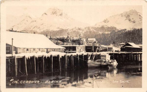 Cordova Alaska Ship at Dock Winter Snow Real Photo Postcard AA98116