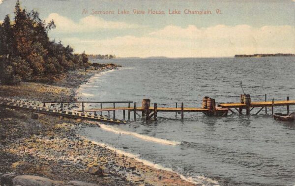 Lake Champlain Vermont Samsons Lake View House Beach and Pier Postcard AA98165