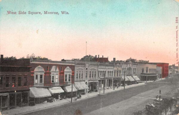 Monroe Wisconsin West Side Square Street Scene Vintage Postcard AA98299