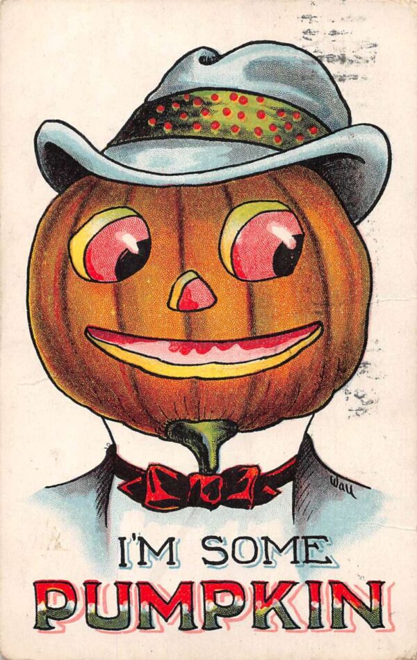 Halloween Greetings Pumpkin in Suit Jack O Lantern Wall Vintage Postcard AA98325