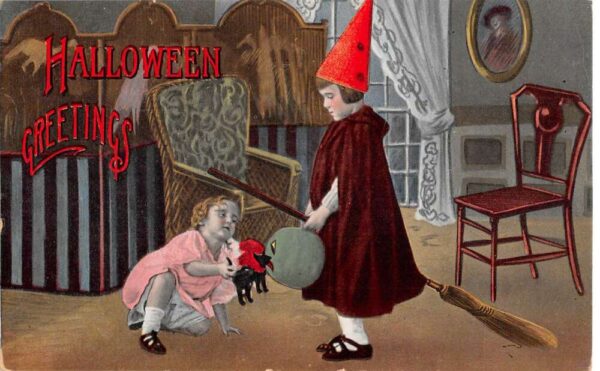 Halloween Greetings Children Witch Pumpkin Barton Spooner Rare PC AA98328