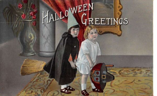 Halloween Greetings Children Riding Witch Broom Barton Spooner Rare PC AA98329