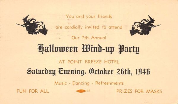 Halloween Greetings Point Breeze Hotel Party Invitation Postcard AA98332