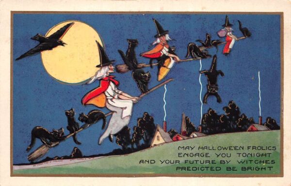 Halloween Greetings Witches with Black Cats Flying Whitney Postcard AA98334