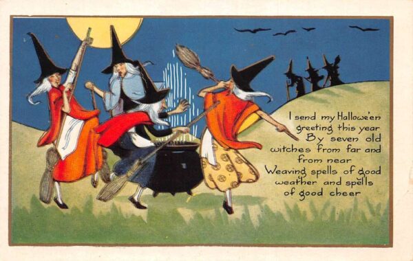 Halloween Greetings Witches Dancing by Cauldron Whitney Vintage Postcard AA98335